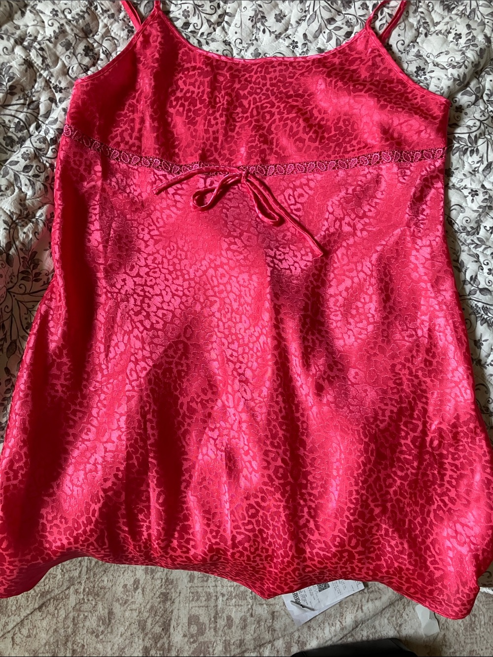 Hot Pink Satin sleep dress with Subtle Leopard Jacquard and Front Tie - Picture 5 of 6